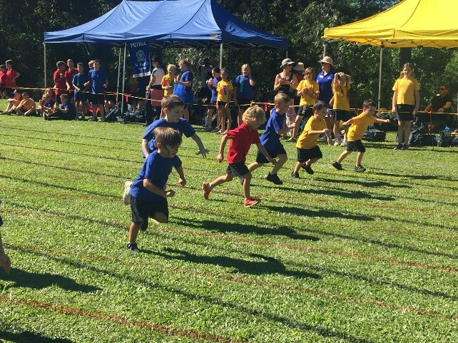 group of students running